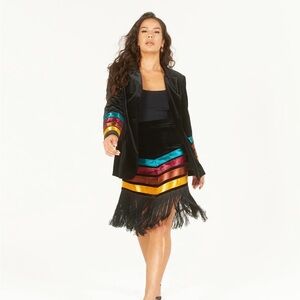Black Fringe Chevron Satin Skirt with Colorful Stripe Accents